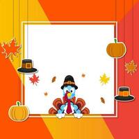 Illustration of turkey bird with sticker style pilgrim hat, pumpkin and autumn leaves decorated on colorful background with space for your message. vector