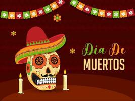 Dia De Muertos banner or poster design with illustration of ornate skull or calavera wearing sombrero hat and illuminated candles on brown abstract background. vector