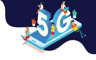 grupo de personas teniendo divertido en social medios de comunicación. lata ser utilizar fo aterrizaje página, plantilla, ui, web, página principal, póster, bandera, volantes diseño. isométrica 5g red inalámbrico sistema Wifi conexión vector