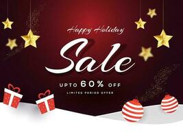 Sale banner or poster design with discount offer, baubles and gift boxes on snowy brown background for Happy Holiday. vector