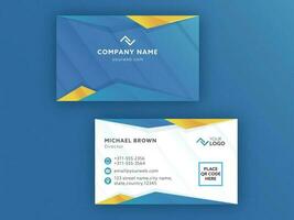Front And Back View Of Horizontal Business Card On Blue Background. vector