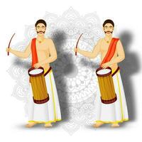 Illustration of South Indian drummer character on mandala pattern background. vector
