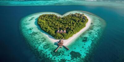 . . Aerial drone photo realistic illustration of island maldives in heart shape. Paradise adventure vacation tropical vibe. Graphic Art