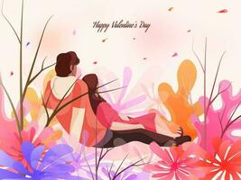 Young Couple Character Sitting on Colorful Nature View Background for Happy Valentine's Day Celebration Concept. vector