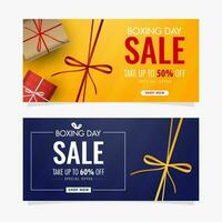 Yellow and Blue banner or gift card design with gift boxes and different discount offer for Boxing Day Sale. vector