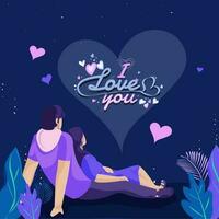 Stylish Font of I Love You with Hearts and Young Couple Sitting on Nature View Blue Background. vector