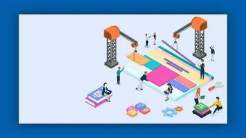 Business people maintaining the website and help of tower crane with different programming language sign for Web Development or Teamwork concept based isometric design. vector