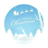 alegre Navidad saludo tarjeta diseño con Navidad árbol y corriendo reno en nieve antecedentes. vector