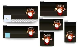 Social Media Header or Banner, Poster and Template Design, Cute Santa Claus holding Trumpet in Surprise Gift Box on the Occasion of Merry Christmas Celebration. vector