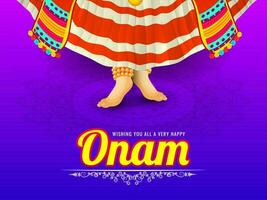 onam festival mensaje tarjeta o póster diseño con ilustración de Kathakali o clásico bailarín en floral modelo antecedentes. vector