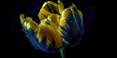 . . Blue and yellow aesthetics beautiful tulip flower in color of Ukraine. Romantic love vibe. Graphic Art photo