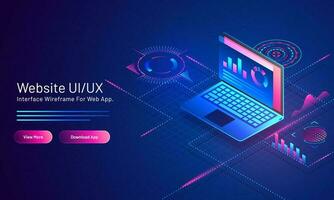 Website UI UX concept based isometric landing page design with analysis data in laptop on blue digital background. vector