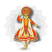 Illustration of Kathakali Dancer performing on white mandala pattern background. vector