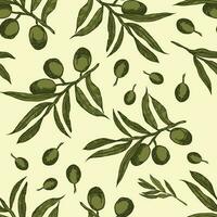 Vector graphics of olive branches. Pattern on a light background. Seamless pattern with olive branches graphics. Graphic background with green olives. Monochrome olive branches.