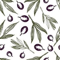Vector graphics of olive branches. Highlighted on a white background. Seamless pattern with olive branches graphics. Graphic background with olives. Monochrome olive branches.