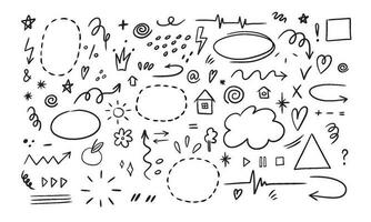 Hand drawn set of simple decorative elements. Various icons such as hearts, stars, speech bubbles, arrows, lines isolated on white background. vector