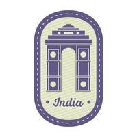 etiqueta o pegatina, sello diseño con India portón en oval antecedentes en Violeta y beige color. vector