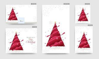 Red Paper Cut Xmas tree Decorated with Golden Star and Snowflakes on White Background for Merry Christmas Celebrations Concept. vector