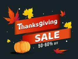 Advertising banner or poster design decorated with maple leaves, pumpkin and discount offer for Thanksgiving Sale. vector