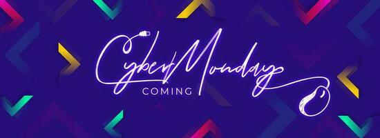 Website header or banner design with stylish Cyber Monday text decorated wired mouse on abstract colorful triangle pattern background. vector