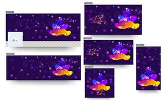 Social Media Header or Banner, Poster and Template Design with Creative Xmas Tree made by Abstract Fluid Art with Decorative Lighting Garland on Purple Bokeh Background. vector