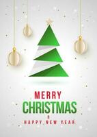 Creative paper xmas tree with star and hanging baubles on white background for Merry Christmas and Happy New Year celebration. vector
