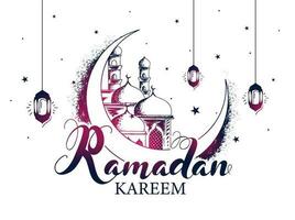 Ramadán kareem fuente con dibujar creciente luna, mezquita, estrellas y colgando Arábica linternas decorado en blanco antecedentes. vector