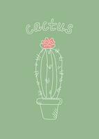 Cactus with a doodle style flower . iPotted plant, drawn.   Care of a plant at home.  Doodle style, outline drawing in a pot. vector