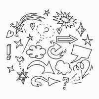 Set of vector icons in doodle style. Vector icons stars, arrows, speech bubble. Sketch. Talking cloud, question mark, exclamation mark.