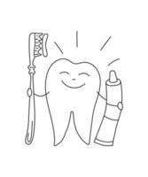 A tooth with a toothbrush and toothpaste. Dentistry, tooth brushing. Shiny Healthy happy white tooth. Protection from germs and cavities. Doodle style. Oral hygiene. Vector graphics.