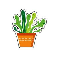 Potted plant, houseplant. Sticker. A hasty cactus with eyes in a pot. Cartoon flowers, succulents. Vector illustration, background isolated.