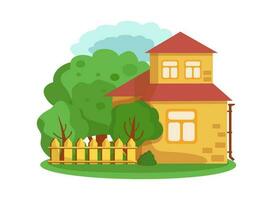 Building, a wooden house with a fence. Country house in the countryside with garden, trees.  Flat design. Vector illustration.