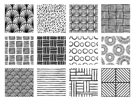 Set of Aesthetic Contemporary printable seamless pattern with abstract Minimal elegant line brush stroke shapes and line in black and white colors.
