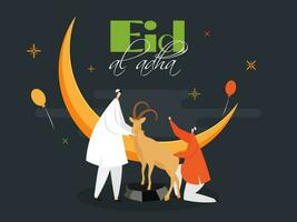 Cartoon of Islamic man and goat with calligraphy text of Eid-Al-Adha Mubarak festival. Retro style Poster or banner design. vector