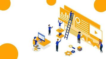 Isometric illustration of business people maintaining the website or analyst analysis data for Teamwork concept based design. vector