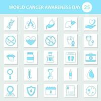 25 mundo cáncer conciencia íconos en azul y blanco color. vector
