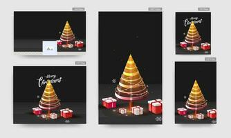 3D Xmas Tree Decorated with Lighting Garland, Gift Boxes and Snowflakes on Black Background for Merry Christmas Celebration. vector