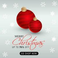 Sale poster or template design with bauble balls and discount offer for Merry Christmas celebration. vector