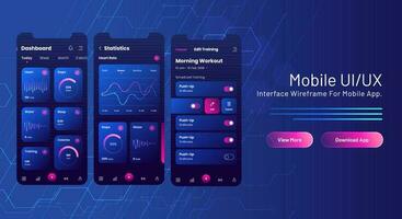 Mobile UI UX web banner design with analysis mobile app screen on blue circuit background. vector