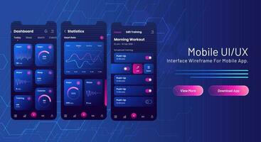 Mobile UI UX web banner design with analysis mobile app screen on blue circuit background. vector