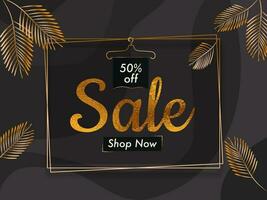 Sale poster or template design with discount offer on black background decorated with golden palm leaves. vector