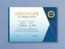 Blue and White Certificate Of Appreciation Template Design with Golden Badge Or Label. vector