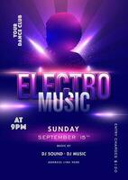 electro música modelo o volantes diseño con silueta mujer y evento detalles en Encendiendo efecto púrpura rayos antecedentes. vector