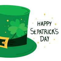 Happy Saint Patricks day lettering sign with clover leaves and green hat vector