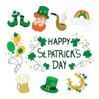 Happy Saint Patricks day lettering sign with clover leaves and green hat vector