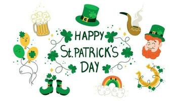 Happy Saint Patricks day lettering sign with clover leaves and green hat vector