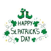 Happy Saint Patricks day lettering sign with clover leaves and green hat vector