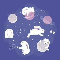 A collection of rabbits playing in space with the moon and the moon. vector