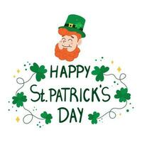 Happy Saint Patricks day lettering sign with clover leaves and green hat vector