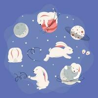 A collection of rabbits playing in space with the moon and the moon. vector